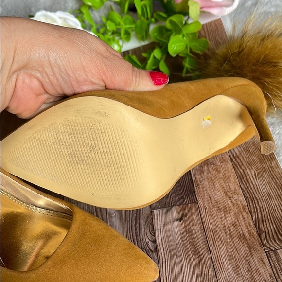 Brown Suede Stiletto Heels with Pom-Pom Embellishment - Picture 5 of 9